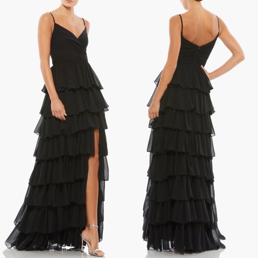 Mac Duggal New 55416 Tiered Ruffle Gown Black 8